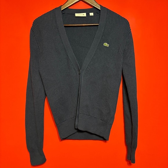 Lacoste Cardigan Sweater Ribbed Knit Navy Blue Cotton Classic Fit - Picture 1 of 5